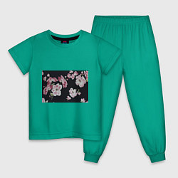 Пижама хлопковая детская Цветы на черном фоне, цвет: зеленый