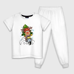 Пижама хлопковая детская Олень на байке, цвет: белый