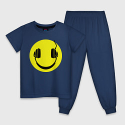 Пижама хлопковая детская Смайлик-наушники, цвет: тёмно-синий