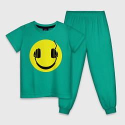 Пижама хлопковая детская Смайлик-наушники, цвет: зеленый