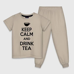 Пижама хлопковая детская Keep Calm & Drink Tea, цвет: миндальный