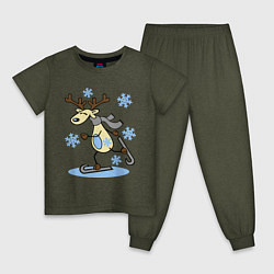Пижама хлопковая детская Олень на лыжах цвета меланж-хаки — фото 1