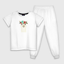 Пижама хлопковая детская Милая лама альпака с цветами, цвет: белый