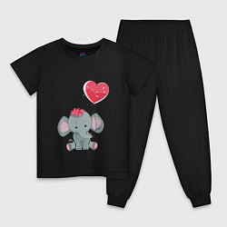 Пижама хлопковая детская Влюбленный слоник, цвет: черный