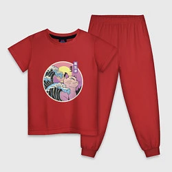 Пижама хлопковая детская Vaporwave Sunset Кот Самурай, цвет: красный