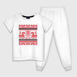 Пижама хлопковая детская Славянский узор Кони, цвет: белый