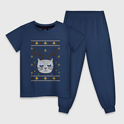 Пижама хлопковая детская Рождественский свитер с котом, цвет: тёмно-синий