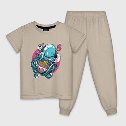 Пижама хлопковая детская Anime Octopus eating Ramen, цвет: миндальный