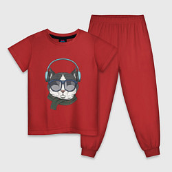 Пижама хлопковая детская Музыкальный кот, цвет: красный