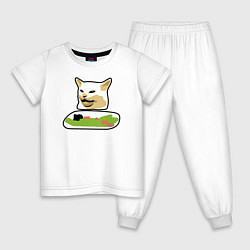 Пижама хлопковая детская Смадж кот мем за столом, цвет: белый