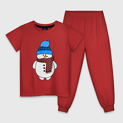 Пижама хлопковая детская Снеговик в шапочке, цвет: красный
