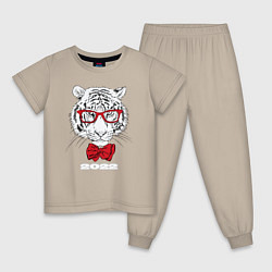 Пижама хлопковая детская Белый тигр в красных очках, цвет: миндальный