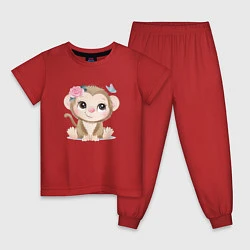 Пижама хлопковая детская Обезьянка с бабочкой, цвет: красный