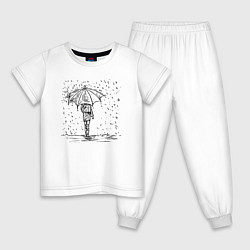 Пижама хлопковая детская Девушка с зонтом под дождем, цвет: белый