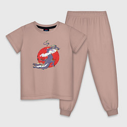 Пижама хлопковая детская Дизайн с драконом на фоне красного солнца с эффект, цвет: пыльно-розовый