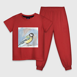 Пижама хлопковая детская Большая синица в стиле гуашь, цвет: красный