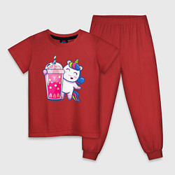 Пижама хлопковая детская Молочный чай с пузырьками и единорожка, цвет: красный