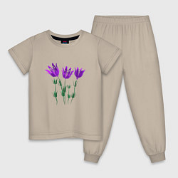 Пижама хлопковая детская Flowers purple white light, цвет: миндальный