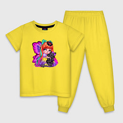 Пижама хлопковая детская Рыжая девочка фея с черным котенком, цвет: желтый