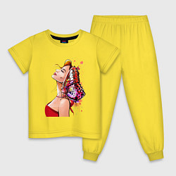 Пижама хлопковая детская Девушка в красном и бабочка, цвет: желтый