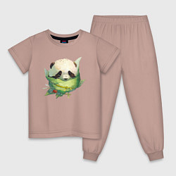 Пижама хлопковая детская Детёныш панды в гнезде из листьев, цвет: пыльно-розовый