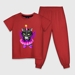 Пижама хлопковая детская Черная кошечка балерина, цвет: красный