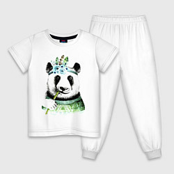 Пижама хлопковая детская Прикольный панда жующий стебель бамбука, цвет: белый
