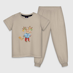 Пижама хлопковая детская Рождественский олень с санями, цвет: миндальный
