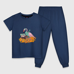 Пижама хлопковая детская Осенний фламинго с ноутбуком, мечты о лете, цвет: тёмно-синий