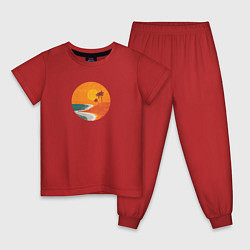 Пижама хлопковая детская Две пальмы на пляже во время заката минимализм, цвет: красный