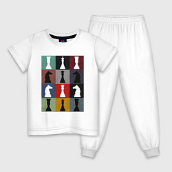 Пижама хлопковая детская Шахматные фигуры на цветном фоне, цвет: белый