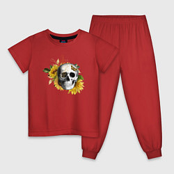 Пижама хлопковая детская Череп в подсолнухах, цвет: красный