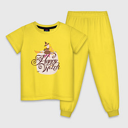 Пижама хлопковая детская Волшебница с котиком на метле Happy Witch, цвет: желтый