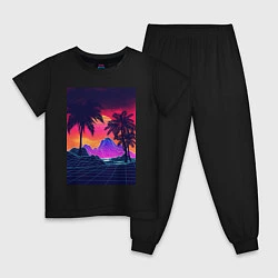 Пижама хлопковая детская Синтвейв пляж и пальмы, цвет: черный