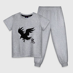 Пижама хлопковая детская Ворон с иероглифом, цвет: меланж