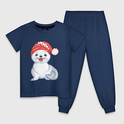 Пижама хлопковая детская Новогодний тюлень, цвет: тёмно-синий