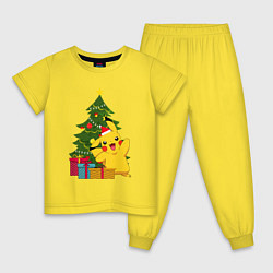 Пижама хлопковая детская Новогодний Пикачу и елка, цвет: желтый