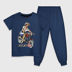 Пижама хлопковая детская Красивая девушка на мотоцикле Ducati - retro, цвет: тёмно-синий