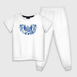 Пижама хлопковая детская Синяя птица в орнаменте гжель, цвет: белый