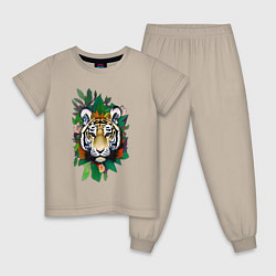 Пижама хлопковая детская Голова Тигра среди листьев и цветов, Тигр символ 2, цвет: миндальный