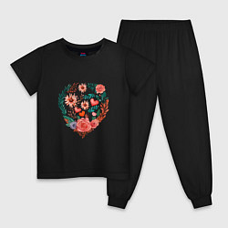 Пижама хлопковая детская Цветочное сердце с розами и астрами, цвет: черный
