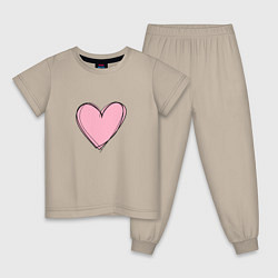 Пижама хлопковая детская Большое нарисованное сердце, цвет: миндальный