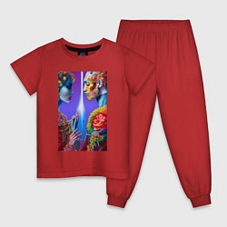 Пижама хлопковая детская Тропическая любовь - нейросеть - фантазия, цвет: красный