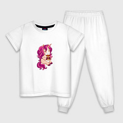 Пижама хлопковая детская Розовый единорог со стаканом кофе, цвет: белый