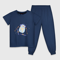 Пижама хлопковая детская Снеговик катается на лыжах, цвет: тёмно-синий