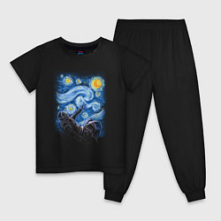 Пижама хлопковая детская Звёздная ночь и космонавт, цвет: черный