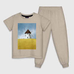 Пижама хлопковая детская Ветряная мельница в поле, цвет: миндальный