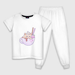 Пижама хлопковая детская Kawaii с милым котенком в кружке, цвет: белый