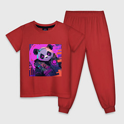 Пижама хлопковая детская Аниме панда в лучах неона, цвет: красный
