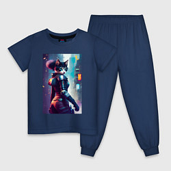 Пижама хлопковая детская Крутая кисуля - киберпанк, цвет: тёмно-синий